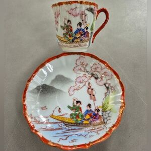 Antique Japanese Handpainted Demitasse Geishas Eggshell Porcelain Cup And Saucer